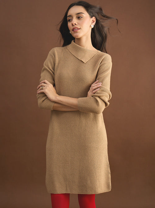 Beige High Neck Sweater Knee Length Dress