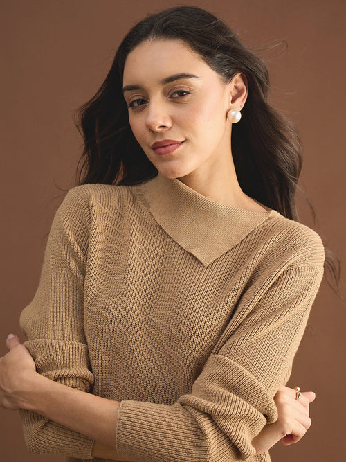 Beige High Neck Sweater Knee Length Dress