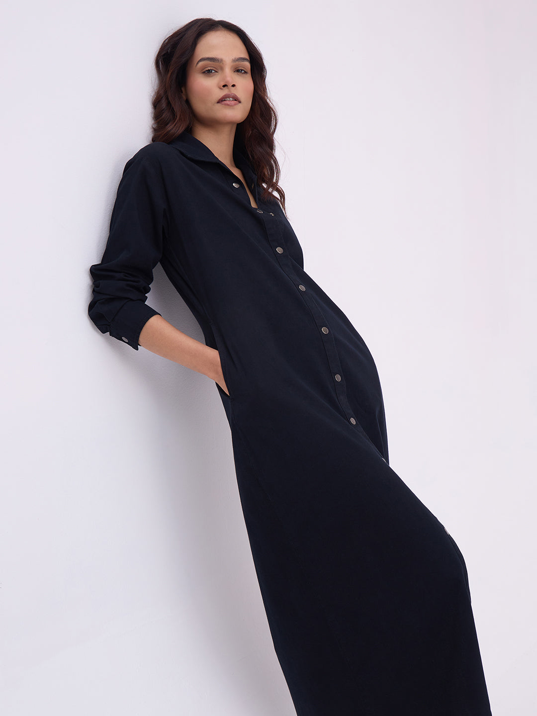 Black Denim Maxi Shirt Dress