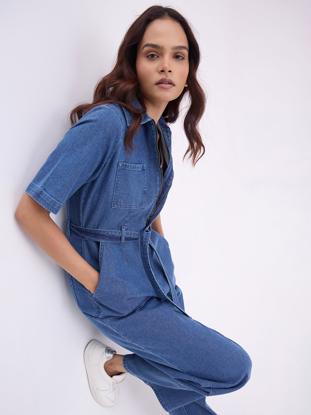 Mid Blue Zip-Up Denim Jumpsuit