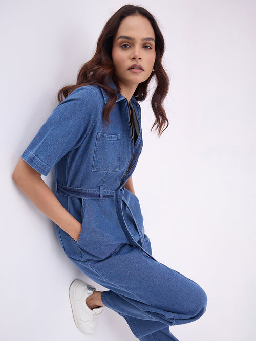 Mid Blue Zip-Up Denim Jumpsuit