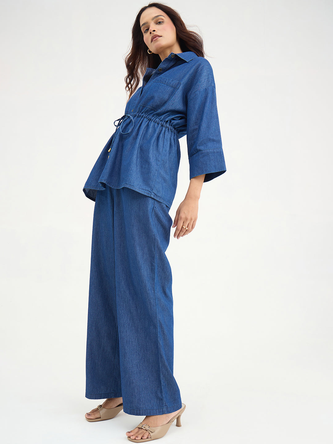 Navy Blue Drawstring Detail Denim Co-Ord