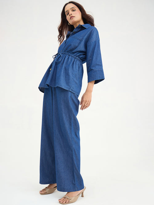 Navy Blue Drawstring Detail Denim Co-Ord