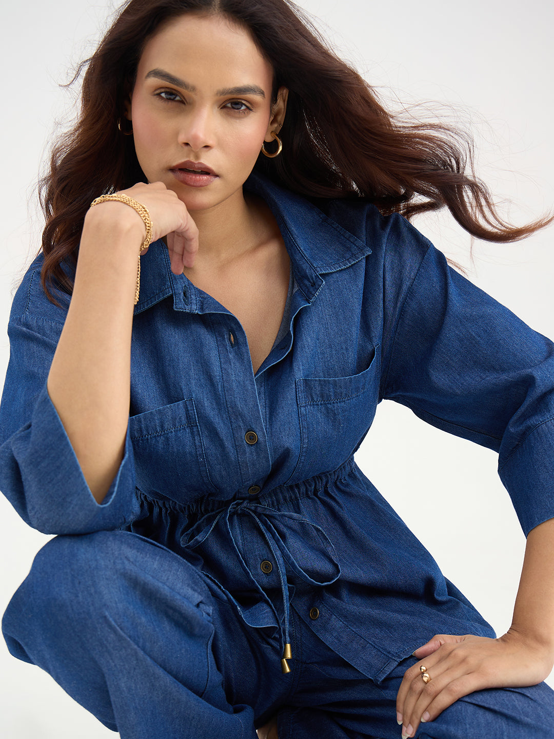 Navy Blue Drawstring Detail Denim Co-Ord