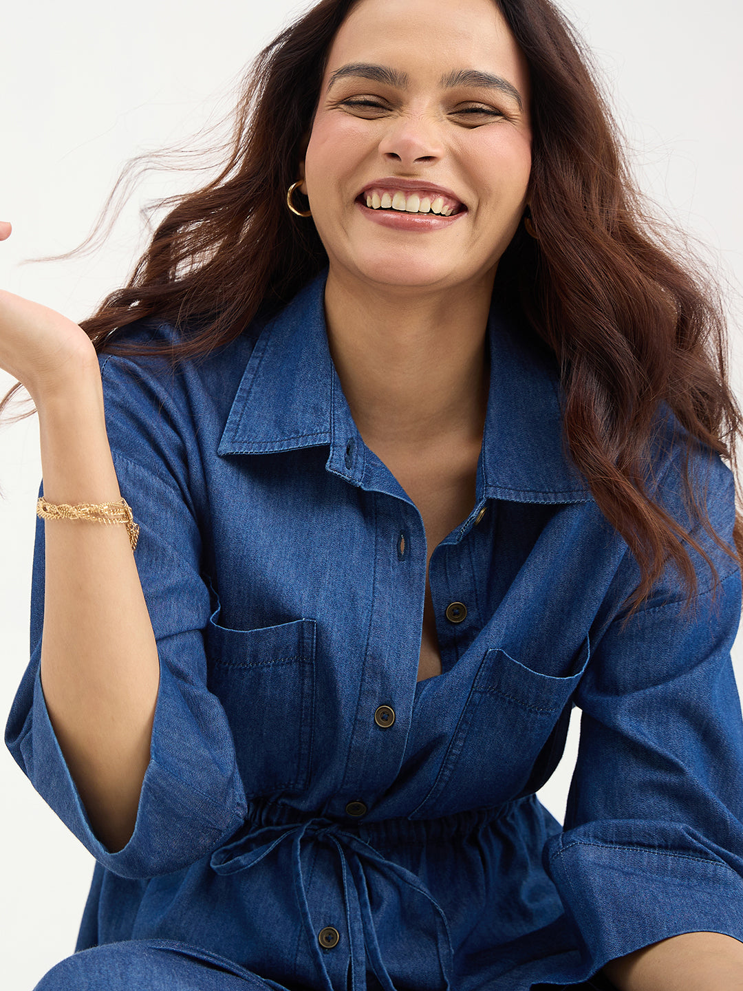 Navy Blue Drawstring Detail Denim Co-Ord