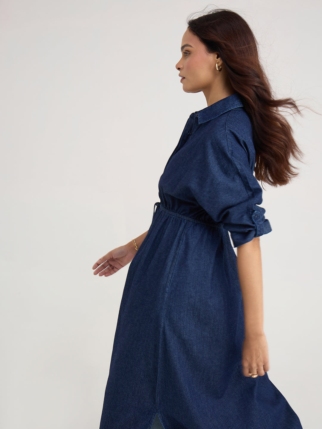 Navy Blue Shirt Denim Maxi Dress