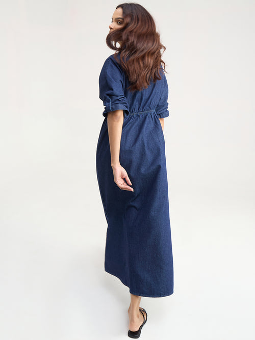 Navy Blue Shirt Denim Maxi Dress