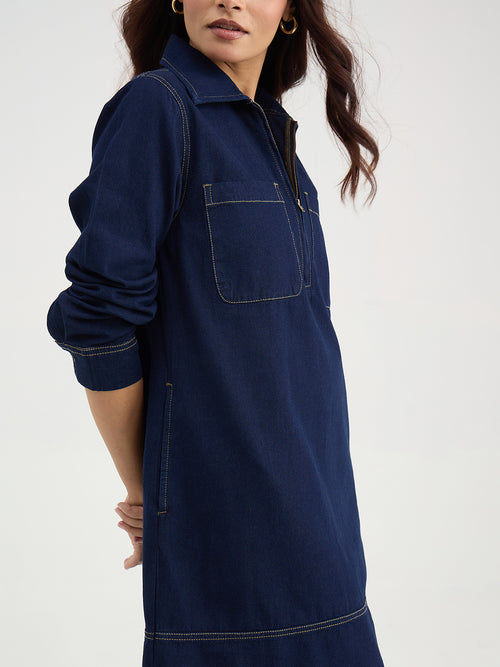 DenimClassic Blue Half Zip-Up Dress