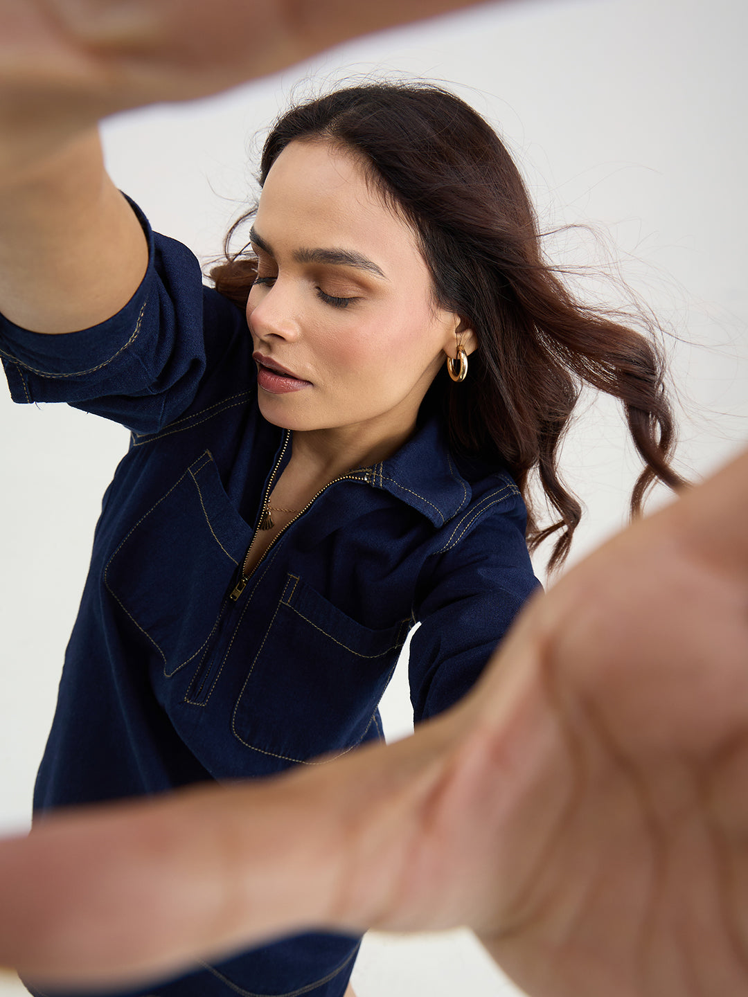 Navy Blue Half Zip-Up Denim Dress