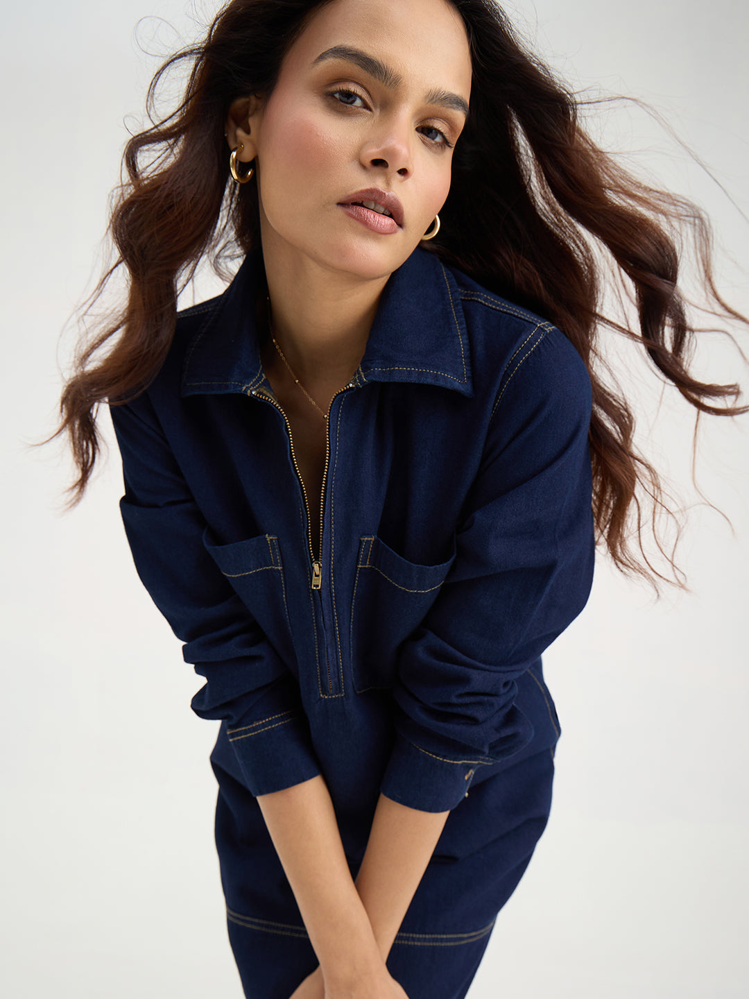 Navy Blue Half Zip-Up Denim Dress