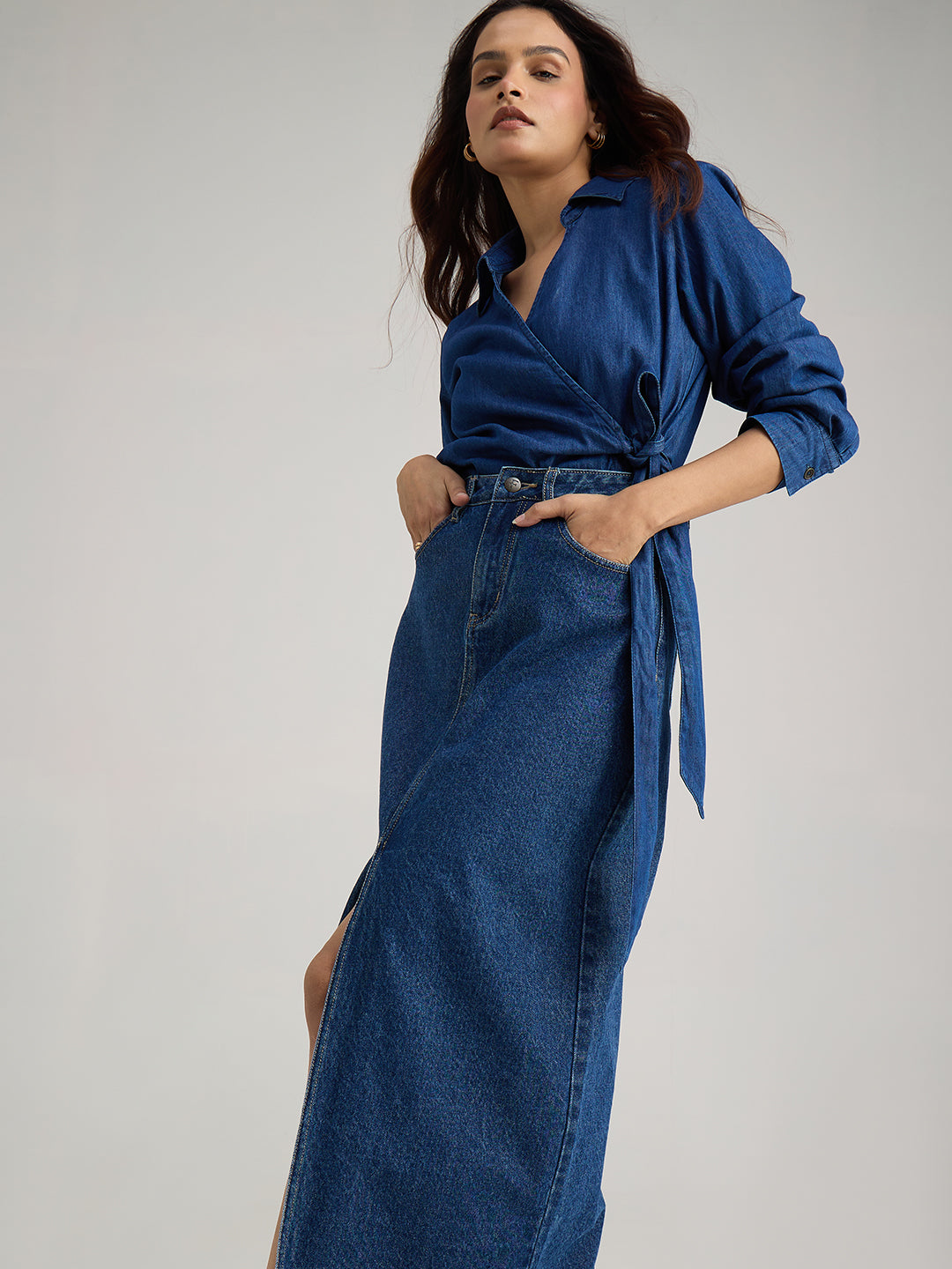 Navy Blue Front Slit Maxi Skirt