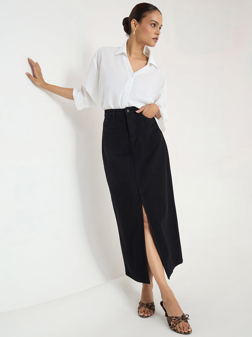 Black Denim Front Slit Maxi Skirt