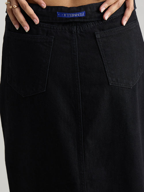 Black Denim Front Slit Maxi Skirt