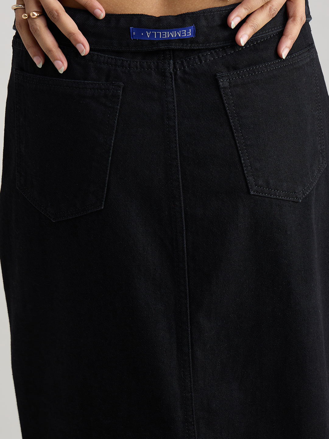 Black Denim Front Slit Maxi Skirt
