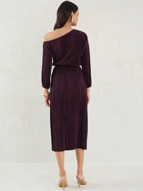 Wine Plisse Off Shoulder Midi Dress