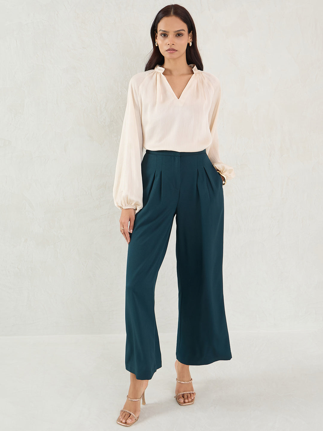 Green Pleat Detail Wide-leg Pants