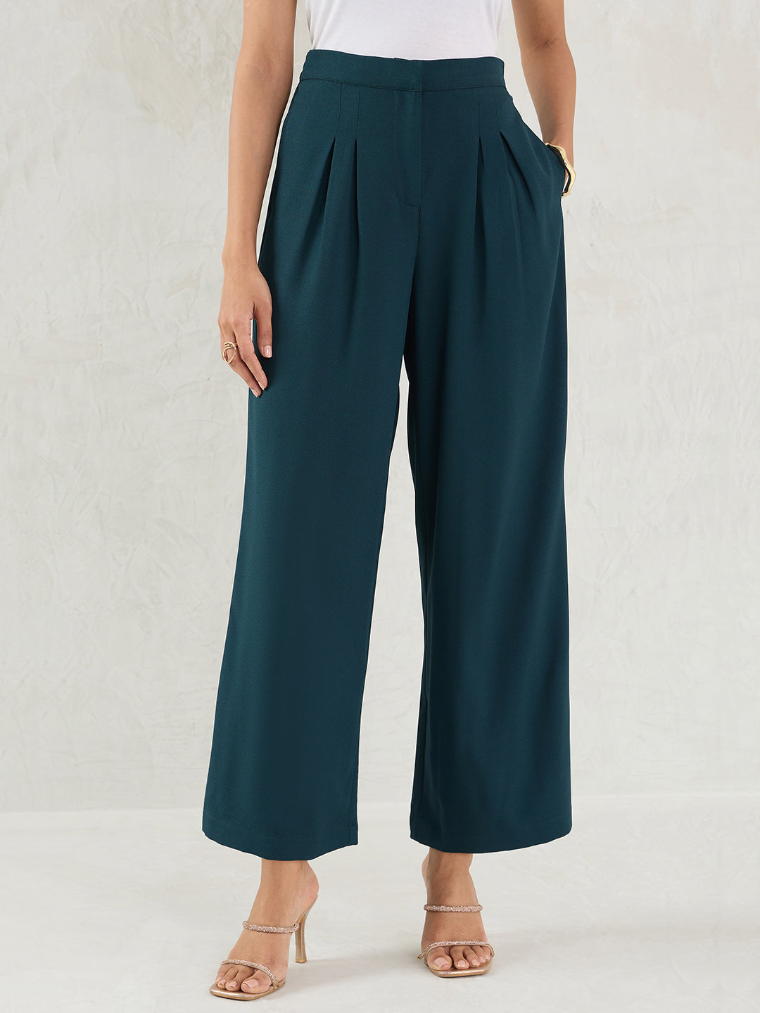 Green Pleat Detail Wide-leg Pants