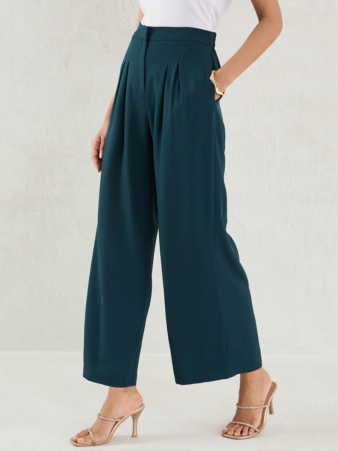 Green Pleat Detail Wide-leg Pants
