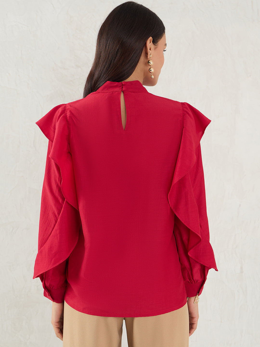 Red Ruffle Sleeve Detailing Top