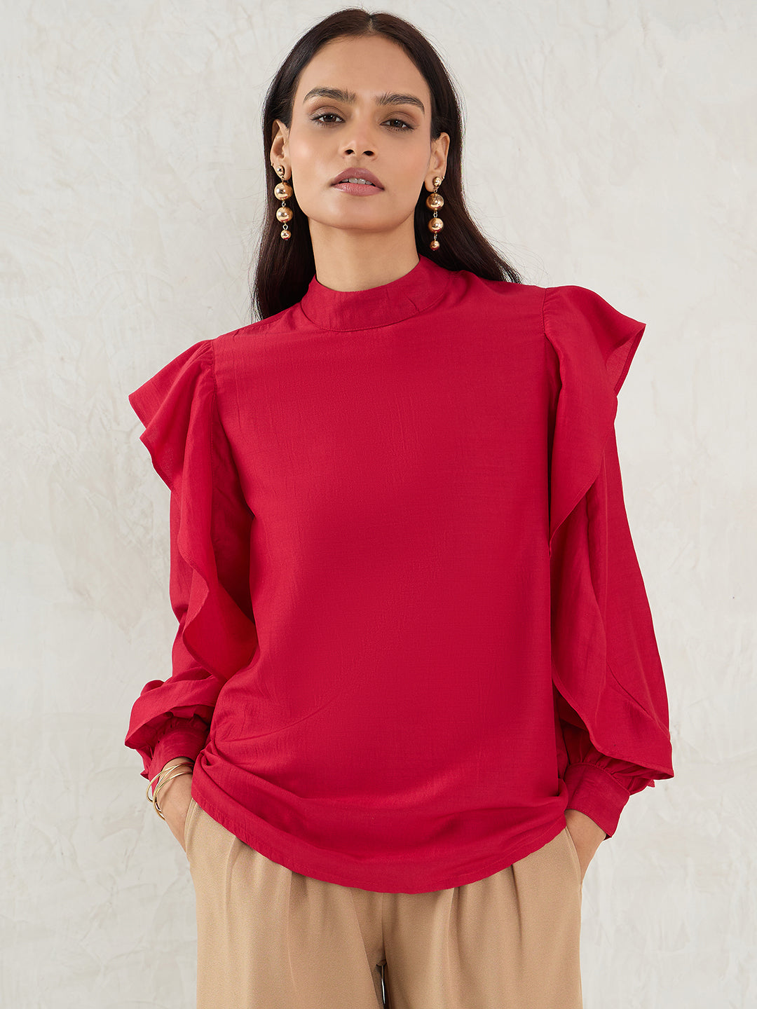 Red Ruffle Sleeve Detailing Top
