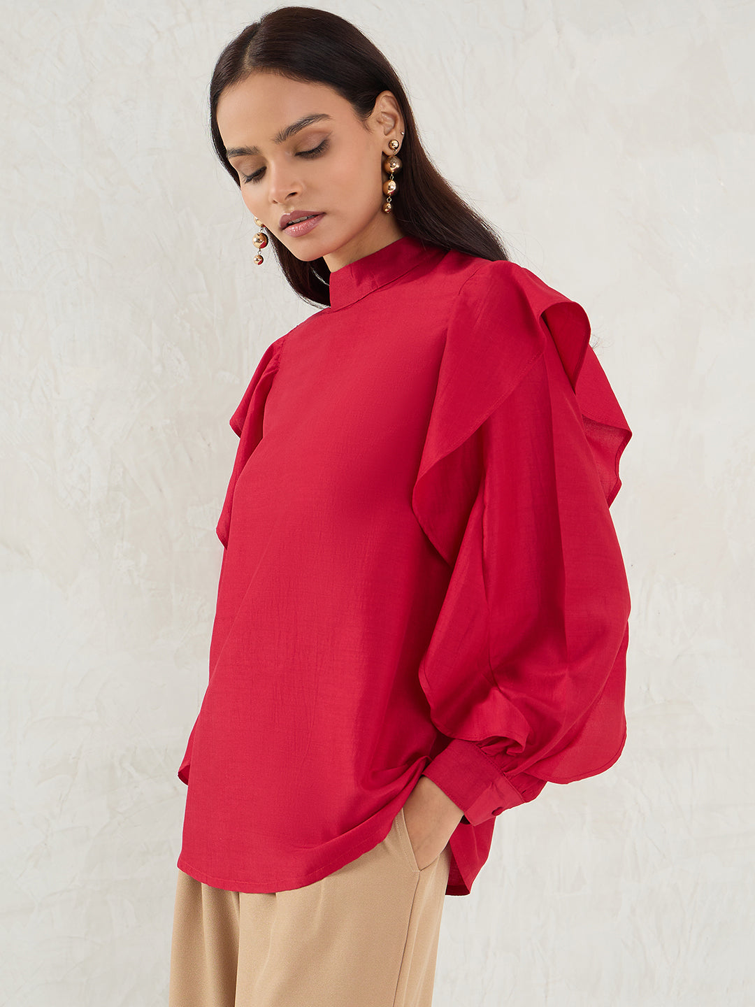 Red Ruffle Sleeve Detailing Top