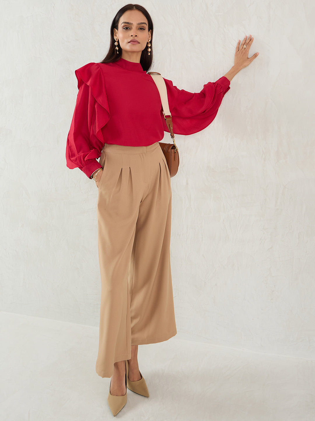 Red Ruffle Sleeve Detailing Top