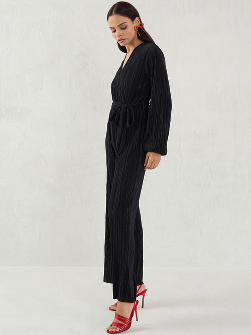 Black Plisse Wrap Jumpsuit