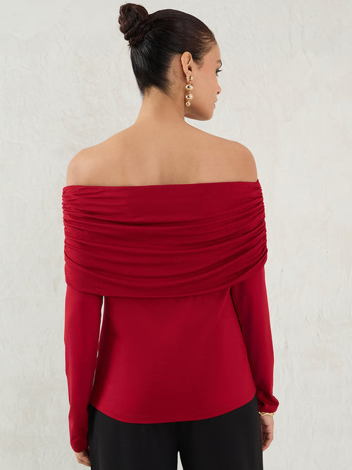 Bamboo Deep Red Knit Off Shoulder Top