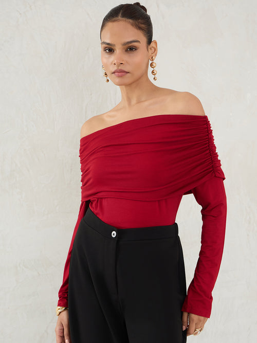 Bamboo Deep Red Knit Off Shoulder Top