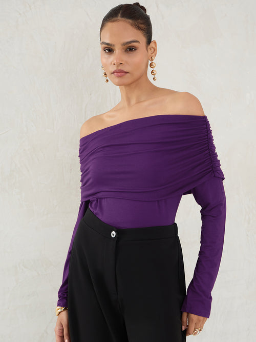 Bamboo Deep Purple Knit Off Shoulder Top
