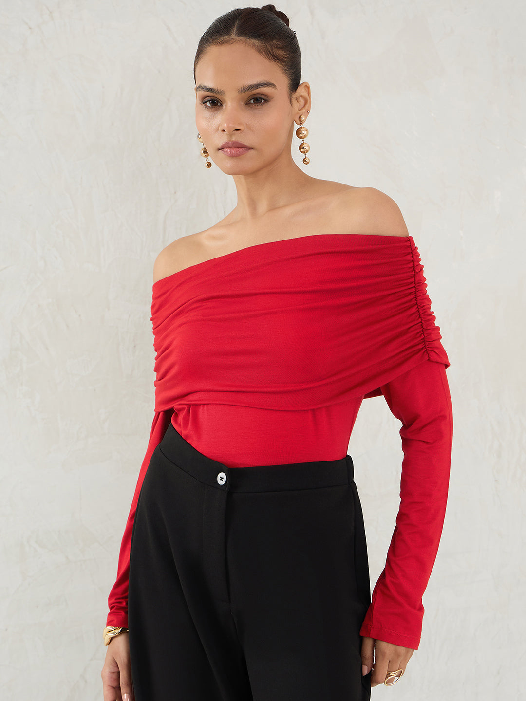 Bamboo Red Knit Off Shoulder Top