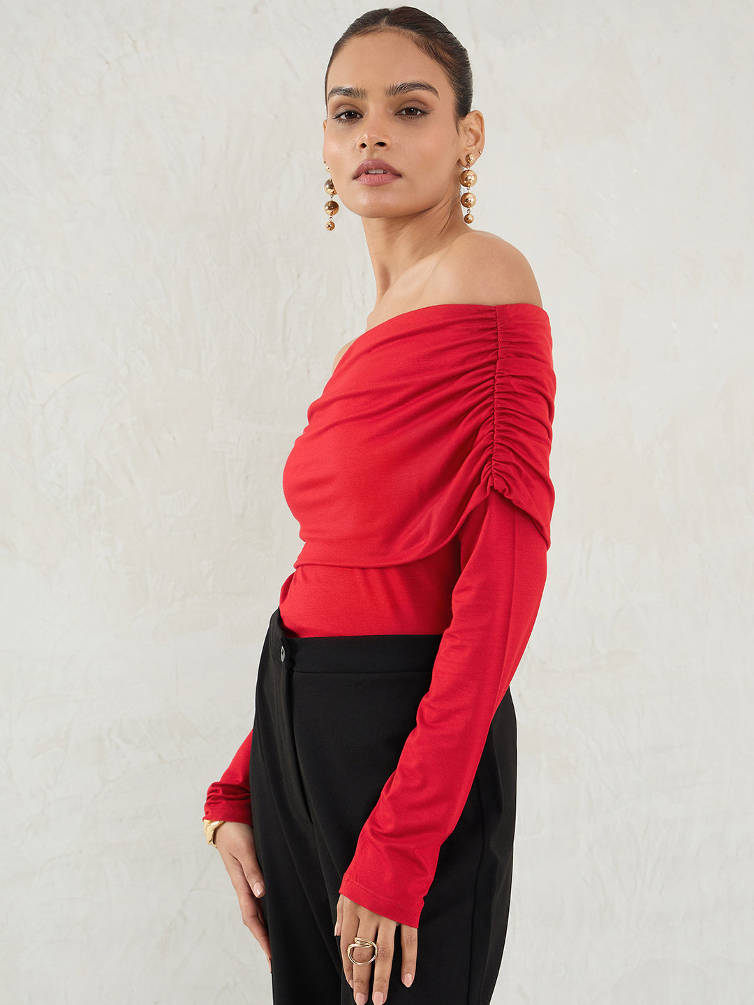 Bamboo Red Knit Off Shoulder Top