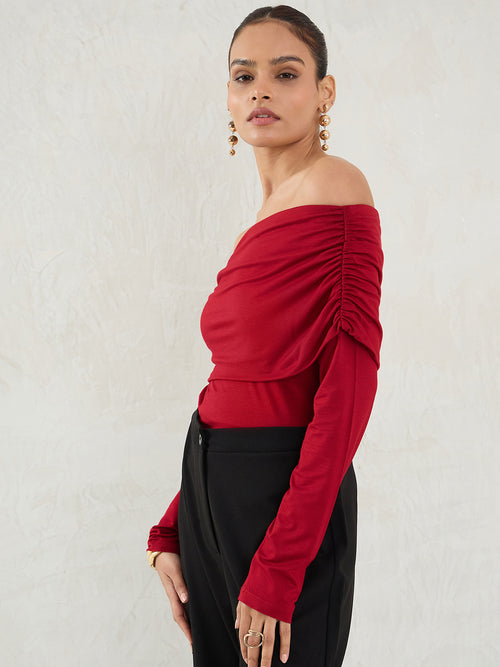 Bamboo Deep Red Knit Off Shoulder Top