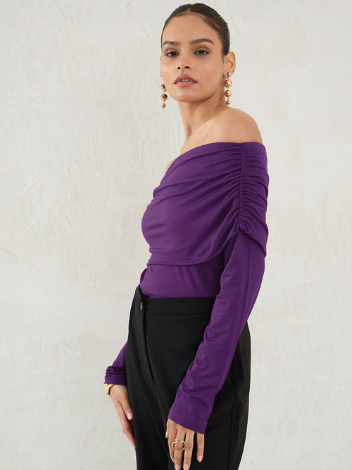 Bamboo Deep Purple Knit Off Shoulder Top