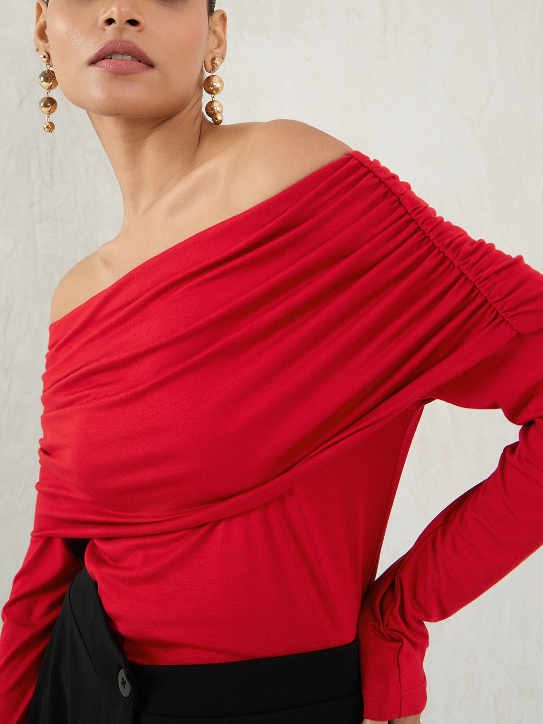 Bamboo Red Knit Off Shoulder Top