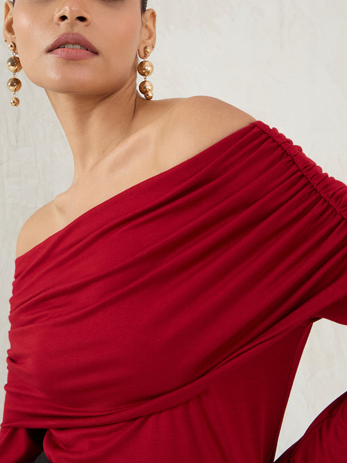Bamboo Deep Red Knit Off Shoulder Top