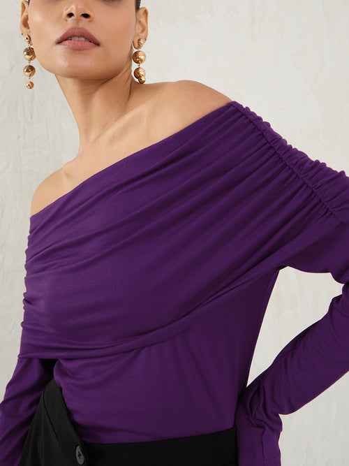 Bamboo Deep Purple Knit Off Shoulder Top
