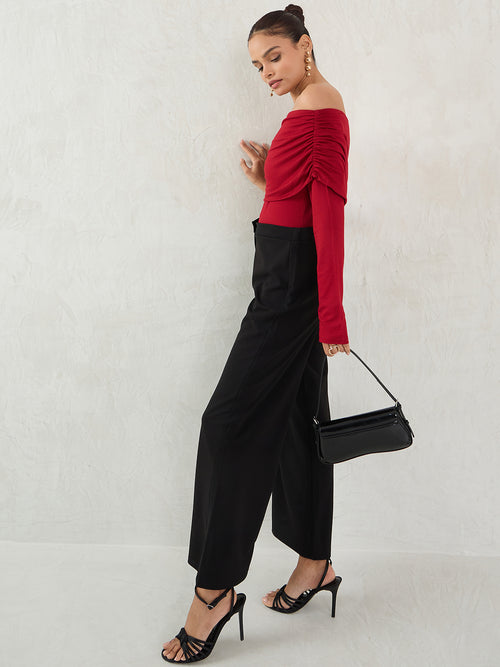 Bamboo Deep Red Knit Off Shoulder Top