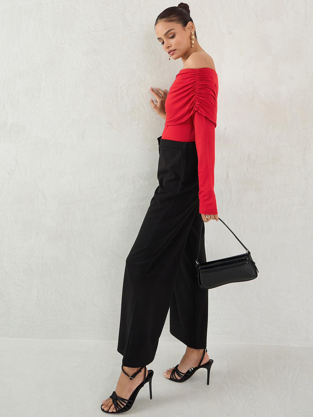 Bamboo Red Knit Off Shoulder Top