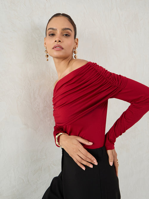 Bamboo Deep Red Knit Off Shoulder Top