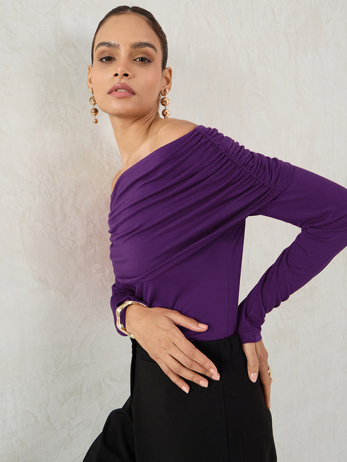 Bamboo Deep Purple Knit Off Shoulder Top