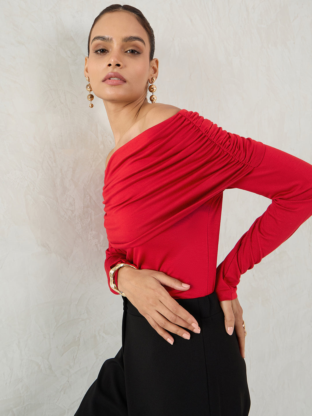 Bamboo Red Knit Off Shoulder Top