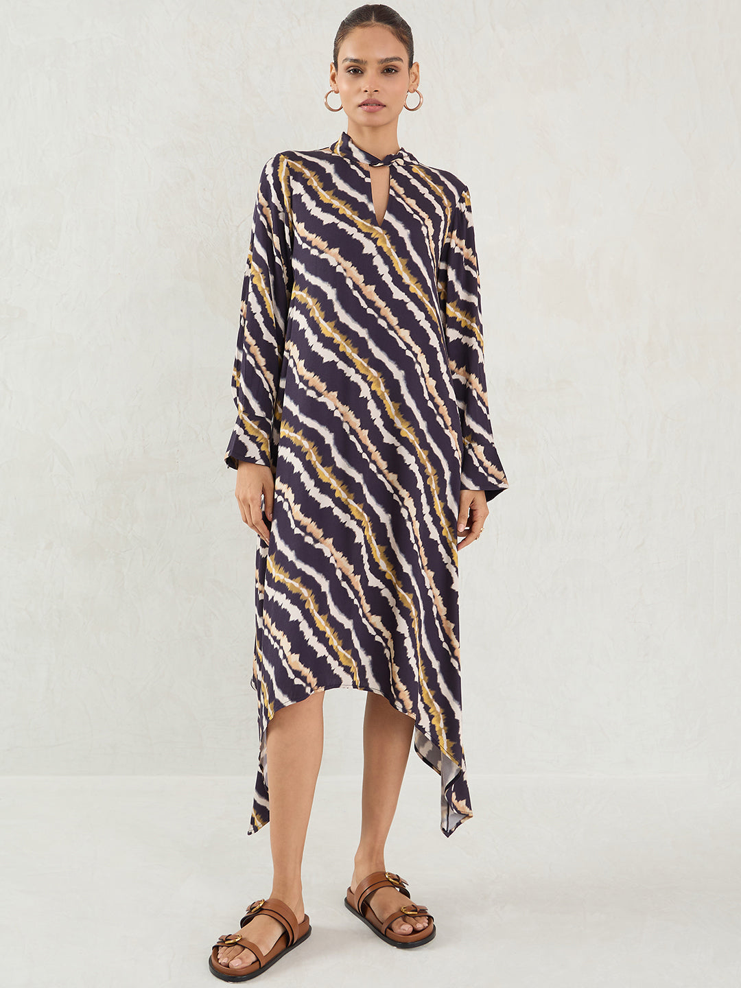 Black Abstract Print Asymmetric Midi Dress