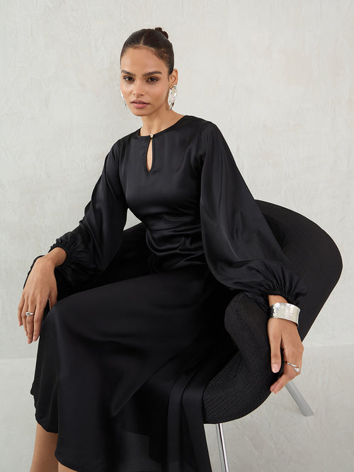 Black Side Cutout Detail Midi Dress