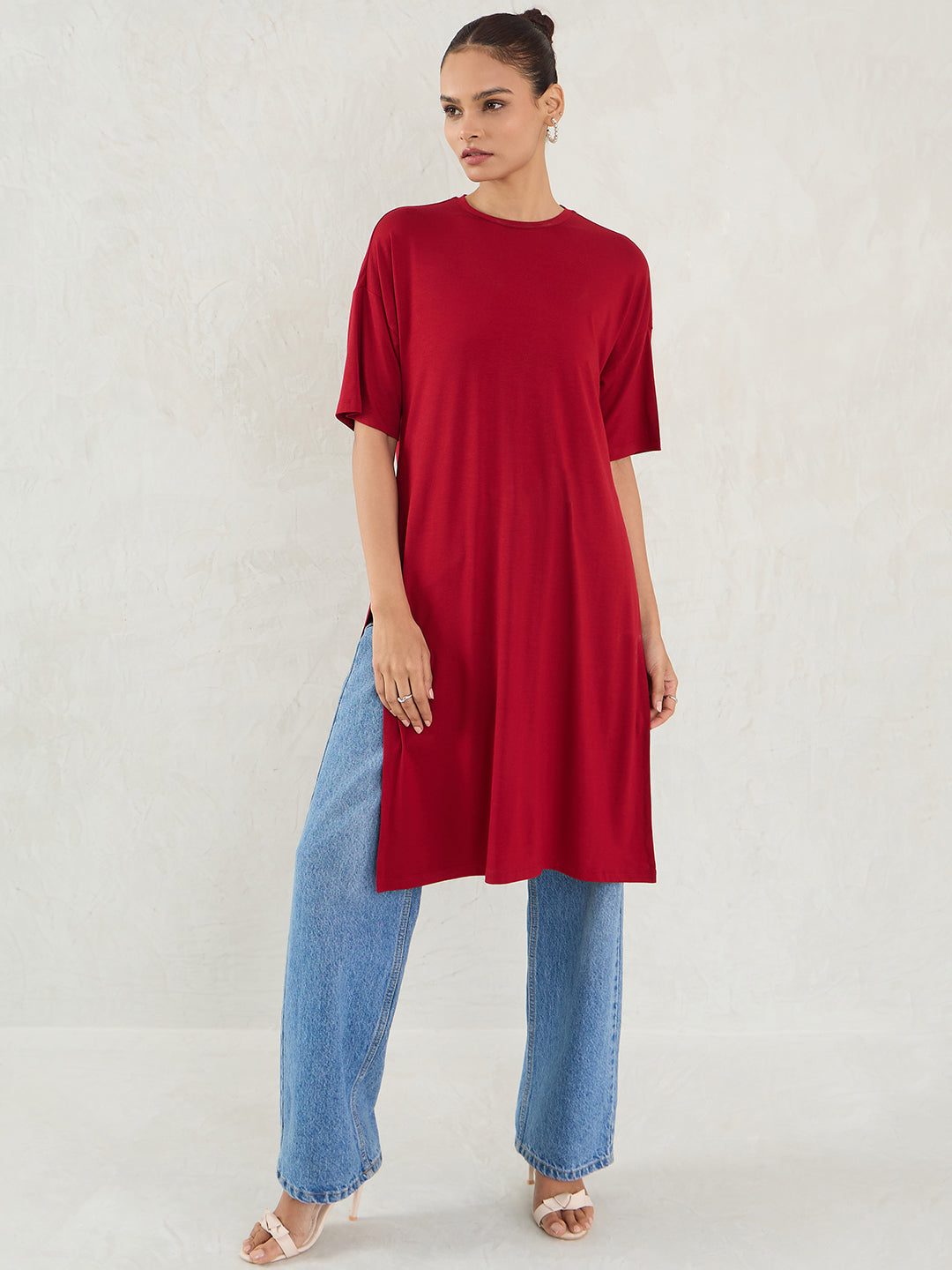 Bamboo Deep Red Knit Slit Detail Top