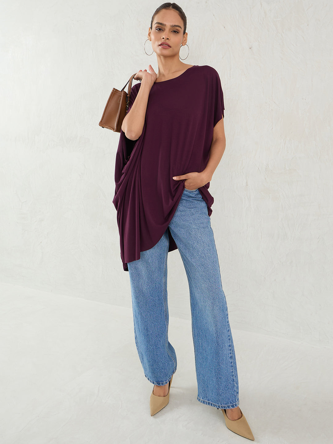 Bamboo Wine Knit Oversize Asymmetrical Top