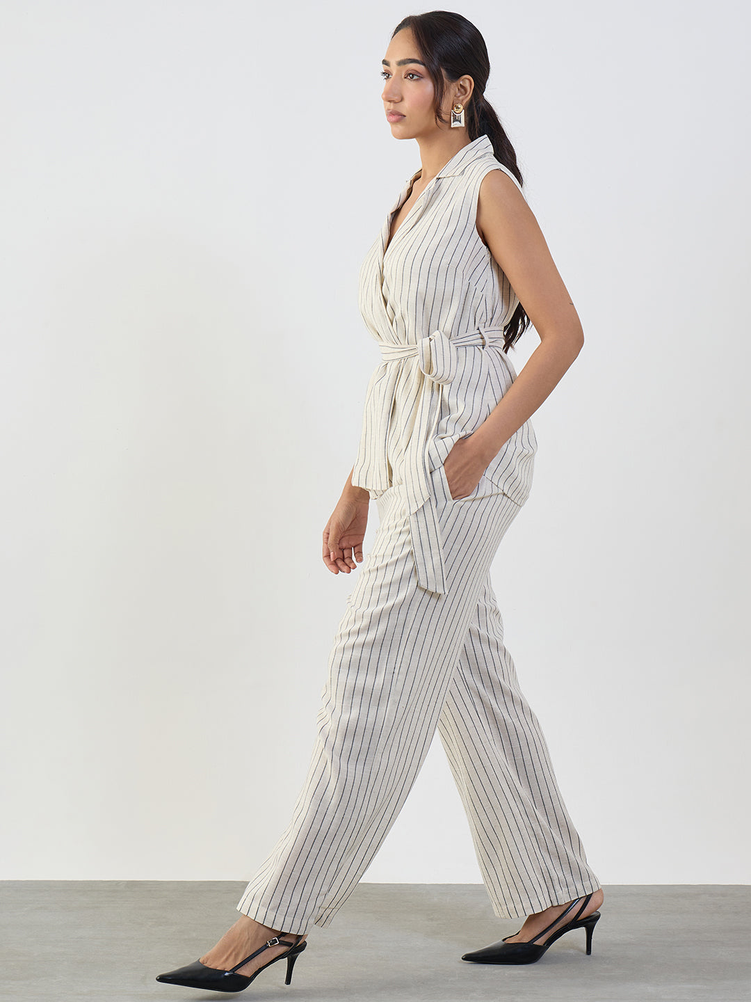 Oatmeal Stripe Cotton Linen Wrap Co-Ord Set