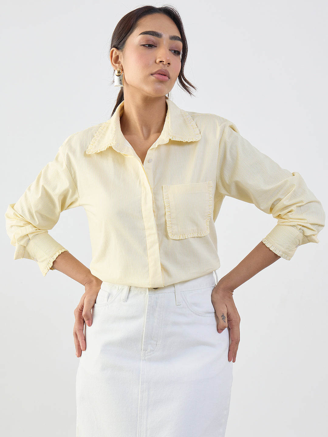Yellow Cotton Stripe Frill Detail Shirt