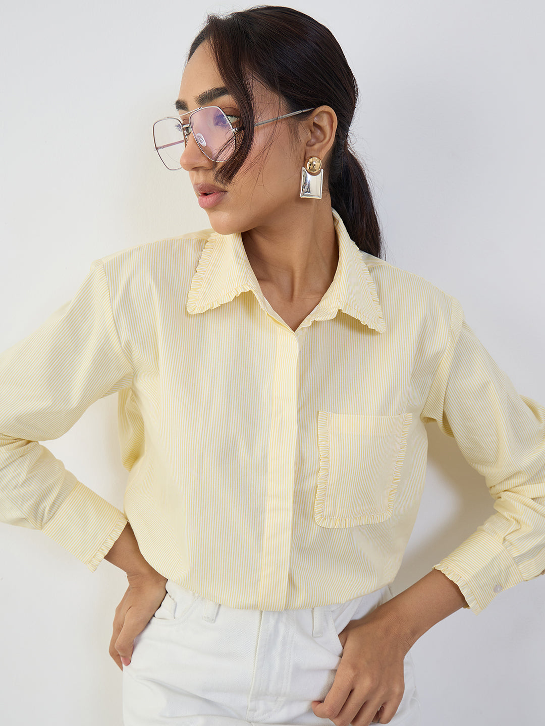 Yellow Cotton Stripe Frill Detail Shirt