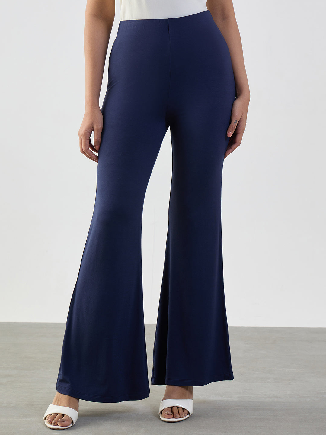 Bamboo Navy Knit Flared Pants